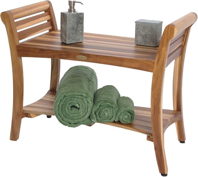EcoDecors Symmetry 30 Inch Natural Color Waterproof Teak Wood Shower Bench Stool Seat Chair for Inside Shower Provides Safety, Storage, and Organization for Bathroom Accessories - ModernBath