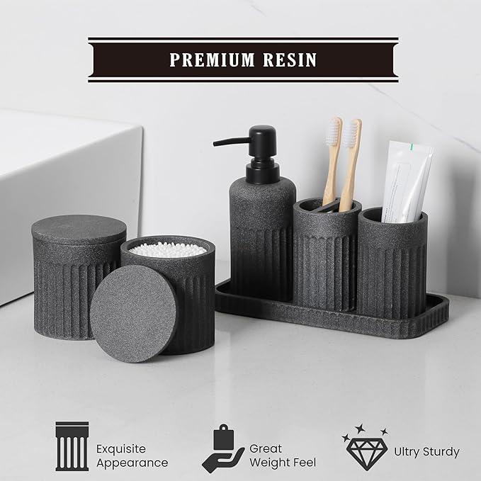INIUNIK Bathroom Accessory Set - 6 Pieces Bathroom Accessories Set Complete with Soap Dispenser, Toothbrush Holders, Tumbler, Vanity Tray and 2 Qtip Holder for Home Organizer and Decor, Dark Grey - ModernBath
