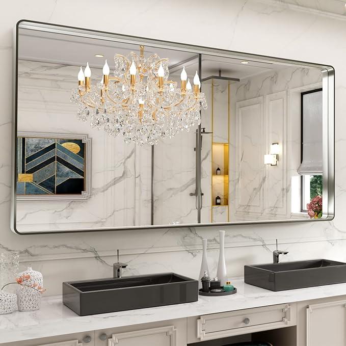 LOAAO 72X40 Inch Brushed Nickel Bathroom Mirror, Rounded Rectangle Silver Metal Frame Mirror, Brushed Nickel, Anti-Rust, Hangs Horizontally or Vertically - ModernBath