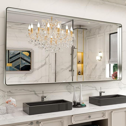 LOAAO 72X40 Inch Brushed Nickel Bathroom Mirror, Rounded Rectangle Silver Metal Frame Mirror, Brushed Nickel, Anti-Rust, Hangs Horizontally or Vertically - ModernBath