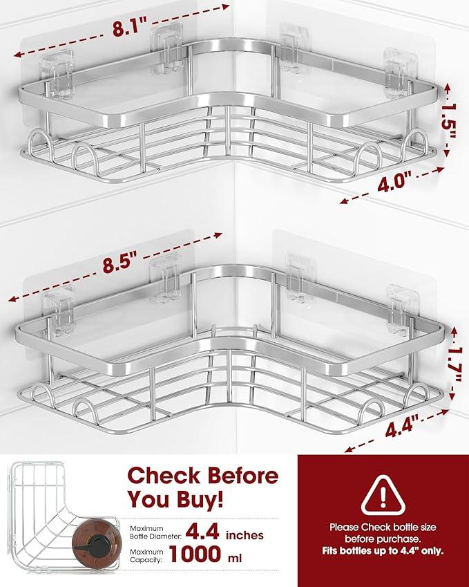 Corner Shower Caddy - 2 Pack, Adhesive Shower Organizers, Rustproof Stainless Steel Shower Shelves with 8 Hooks, No Drilling Bathroom Organizers and Storage Racks, Space-Saving, Silver, Medium - ModernBath