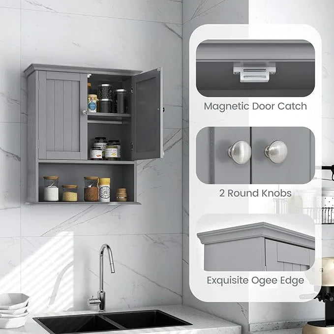 Tangkula Bathroom Wall Cabinet, Wooden Hanging Cabinet with Doors & Shelves, Multipurpose Storage Cabinet for Restroom Kitchen Living Room, Wall Mounted Bathroom Medicine Cabinet (Grey) - ModernBath