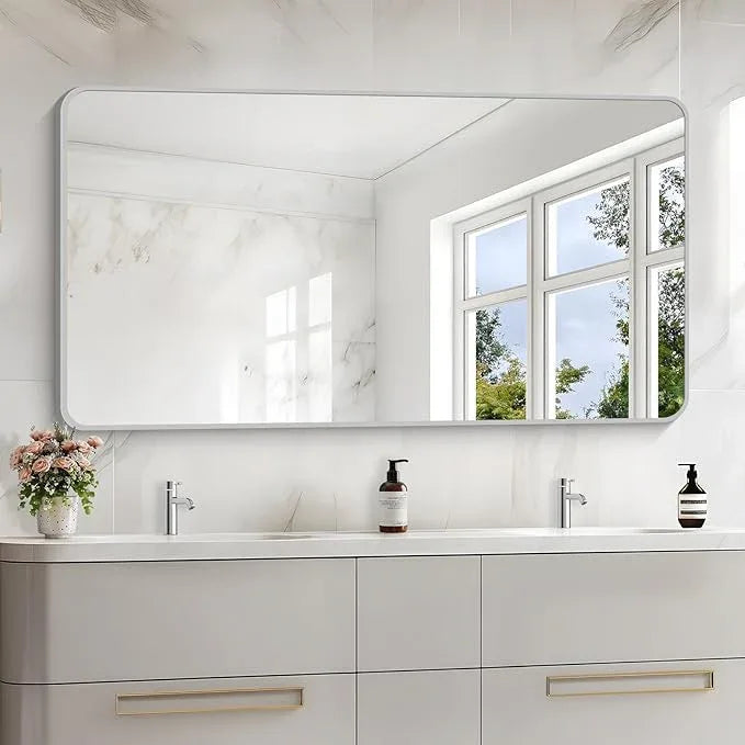 CIVENO 55x30 Inch Silver Bathroom Mirror, Large Rectangular Vanity Mirror, Metal Framed Rectangle Mirrors, Rounded Corner Wall Mounted Mirrors for Living Room Bedroom Entryway Horizontal or Vertical - ModernBath