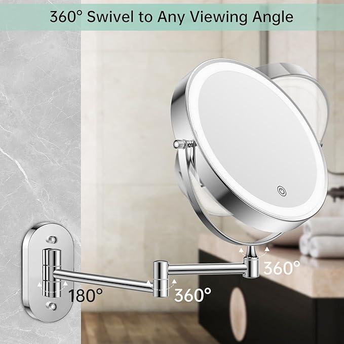FUNTOUCH 2500mAh Rechargeable Wall Mounted Lighted Makeup Vanity Mirror 8 Inch Double Sided 1X 20X Magnifying Bathroom Mirror, 3 Color Lighting, Touch Dimming, Extended Arm 360° Light up Mirror - ModernBath
