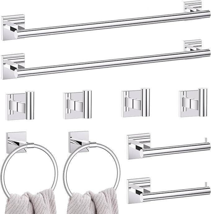 10 Pieces Polished Chrome Towel Bar Set, 23.6 Inch Bathroom Accessories Set SUS304 Stainless Steel Bathroom Hardware Set Towel Racks for Bathroom Wall Mounted. - ModernBath