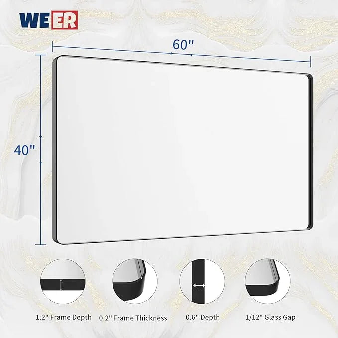 WEER Black Bathroom Mirror for Wall, 60X40 Inch Matte Black Mirror, Rectangular Black Metal Framed Vanity Mirror with Tempered Glass, Rounded Corner, Anti-Rust (Horizontal/Vertical) - ModernBath