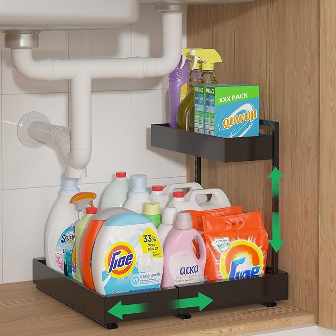 REALINN Expandable Under Sink Organizers and Storage, 2 Tier Under Cabinet Organizer, Heights Adjustable Pull Out Rack for Kitchen Bathroom Laundry, Black, 1 Pack - ModernBath