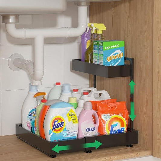 REALINN Expandable Under Sink Organizers and Storage, 2 Tier Under Cabinet Organizer, Heights Adjustable Pull Out Rack for Kitchen Bathroom Laundry, Black, 1 Pack - ModernBath