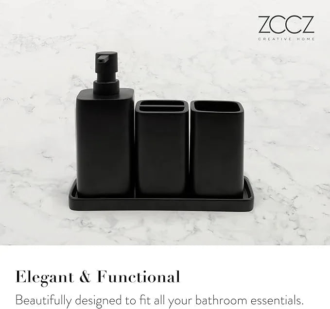 ZCCZ Beige Bathroom Accessory Sets, 4 Pieces Bathroom Accessories Complete Set Vanity Countertop Accessory Set, Includes Lotion Dispenser Soap Pump, Tumbler, Toothbrush Holder and Tray - ModernBath