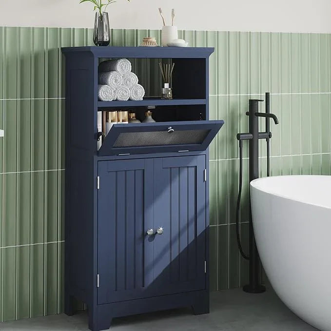 ChooChoo Bathroom Floor Storage Cabinet with Flip Glass Drawer, Freestanding with 2 Doors, Adjustable Shelf & 1 Open Storage for Living Room, Hallway, Navy Blue - ModernBath