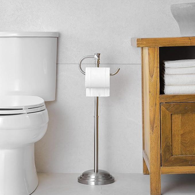 RUMOSE Toilet Paper Holder Stand for Floor, Brushed Nickel Adjustable (12.4" to 22.8") Bathroom Toilet Tissue Holder, Free Standing Toilet Paper Roll Holder with Storage, Stainless Steel - ModernBath
