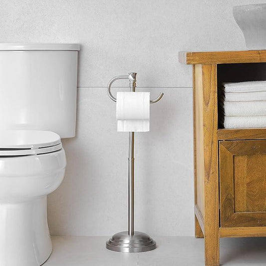 RUMOSE Toilet Paper Holder Stand for Floor, Brushed Nickel Adjustable (12.4" to 22.8") Bathroom Toilet Tissue Holder, Free Standing Toilet Paper Roll Holder with Storage, Stainless Steel - ModernBath