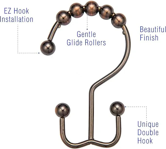 2lbDepot Shower Curtain Rings Hooks - Bronze Finish - Premium 18/8 Stainless Steel - Oil Rubbed Double Hooks with Easy Glide Rollers Rust Resistant - Six Finishes Available - Set of 12 for Shower Rod - ModernBath