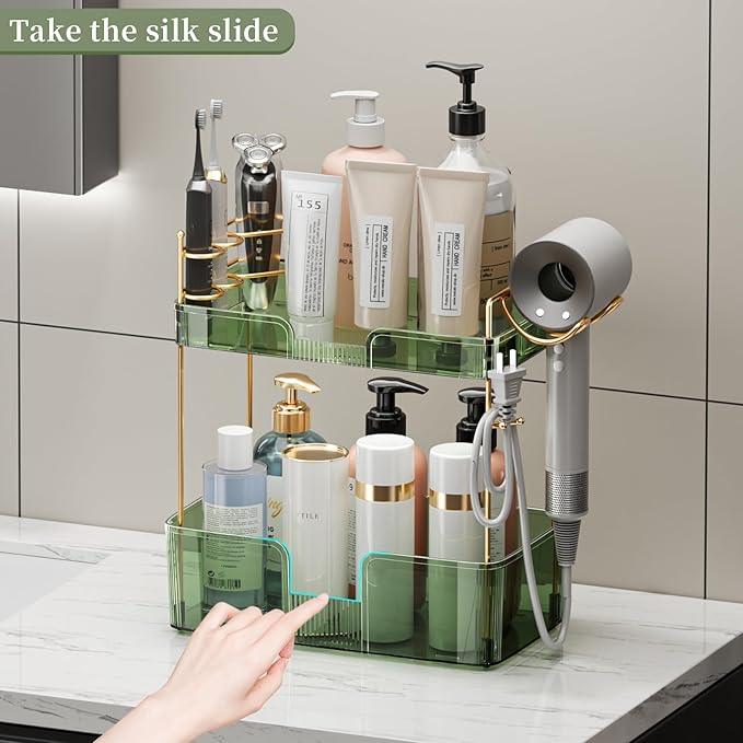 YCIA&DONE Luxury Bathroom Counter Organizer, Large Makeup Organizer Countertop, Shelf Organizer, Vanity Tray, Easily Assemble for Bathroom Organizers and Storage, Undersink, Cabinet, 2 Tiers Green - ModernBath