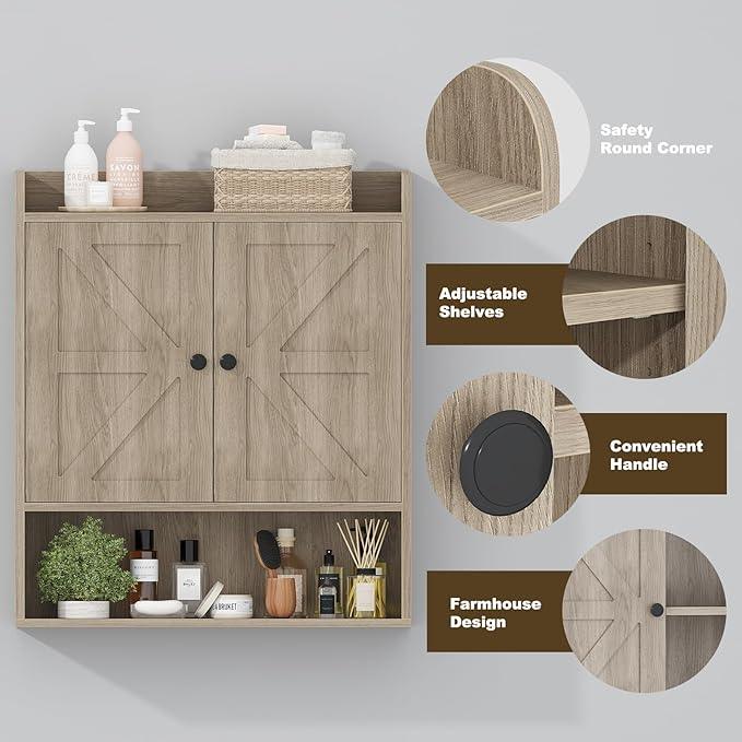 EasyCom 22" W x 26" H Bathroom Wall Cabinet, Farmhouse Medicine Cabinet with Adjustable Shelves and Double Barn Doors, Over The Toilet Storage Cabinet for Bathroom, Kitchen, Living Room, Oak Grey - ModernBath