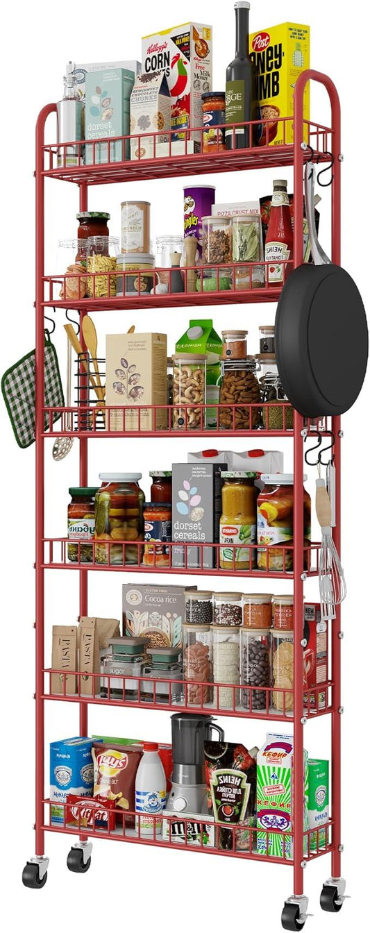 Slim Rolling Storage Cart 6 Tier, Metal Kitchen Rolling Utility Cart with Lockable Wheels for Kitchen, Bathroom, Office, Laundry Room, Small Narrow Spaces (Red 6 Inches) - ModernBath