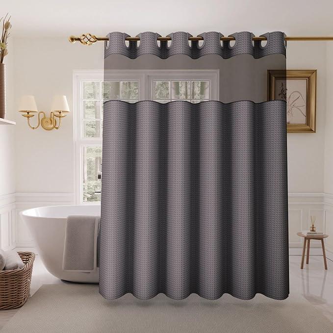 Inhousolu No Hook Shower Curtain with Snap in Fabric Liner Set Waffle Weave 230GSM Weighted Hem, Waterproof & Washable Bathroom Curtain Spa Luxury with Mesh Top Window 72" W x 72" L Graphite Grey - ModernBath