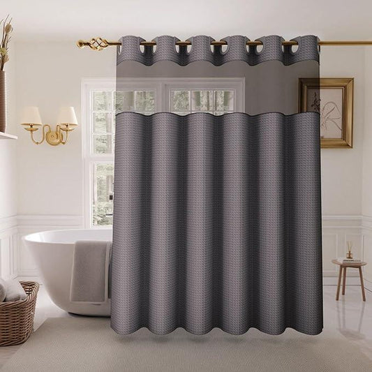 Inhousolu Long No Hook Shower Curtain with Snap in Fabric Liner Set Waffle Weave 230GSM Weighted Hem, Waterproof & Washable Bathroom Curtain Spa Luxury with Mesh Top Window 72"W x 78"L Graphite Grey - ModernBath