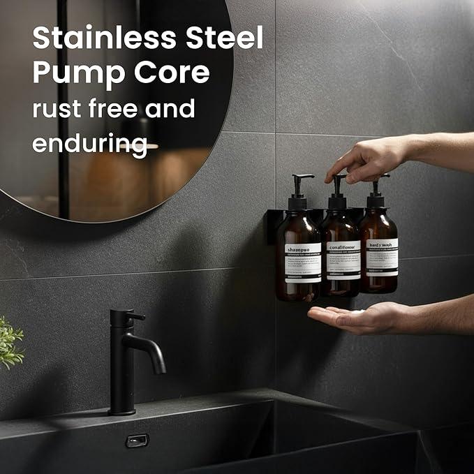 MaisoNovo Shampoo and Conditioner Dispenser - Shower Soap Dispenser Wall Mounted - 16.9 fl oz Set of 3 Amber Plastic Bottles Black Pump - 3 Chamber No Drill - ModernBath