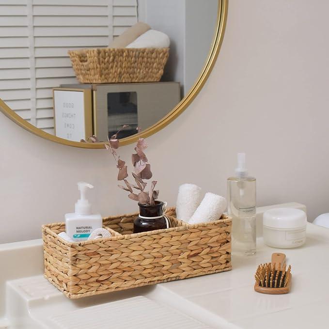 StorageWorks Wicker Basket Tank Topper, Wicker Storage Basket for Shelves, Toilet Paper Basket for Back of Toilet Tank Top, 3-Section Water Hyacinth Storage Baskets, 2-Pack - ModernBath