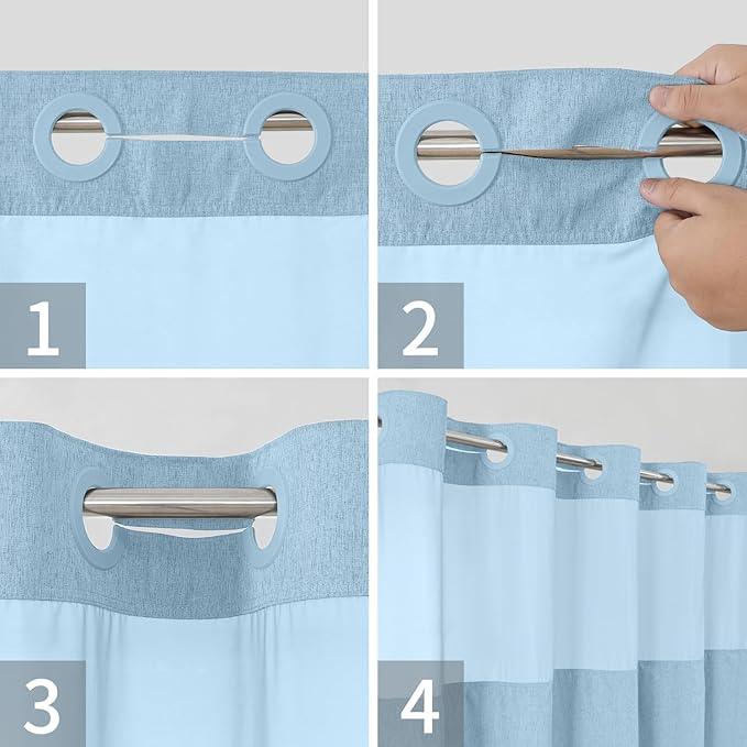 eachope Extra Long No Hooks Needed Linen Textured Shower Curtain with Snap-in Fabric Liner Set,White Hotel Luxury Decor Shower Curtains for Bathroom,Waterproof & Washable,71Wx86H,Fog Blue - ModernBath