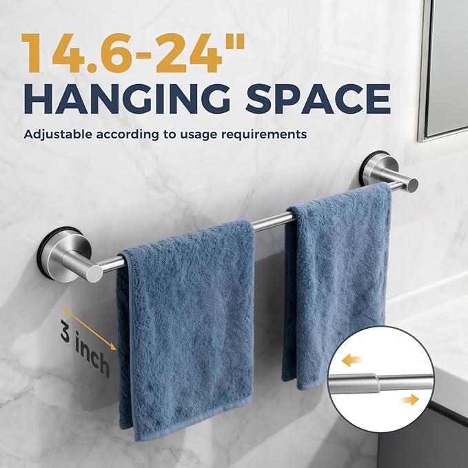 14.6inch~24inch Towel Racks for Bathroom,Adjustable Suction Cup Towel Bar for Bathroom Wall,Stainless Steel Bath Towel Holder for Shower(Brushed Silver) - ModernBath