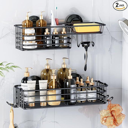 LEVERLOC Shower Caddy Suction Cup, 2 Pack suction shower shelf with Hooks & Soap holder, NO-Drilling Bathroom Holder, Rustproof bathroom organizer, Black - ModernBath