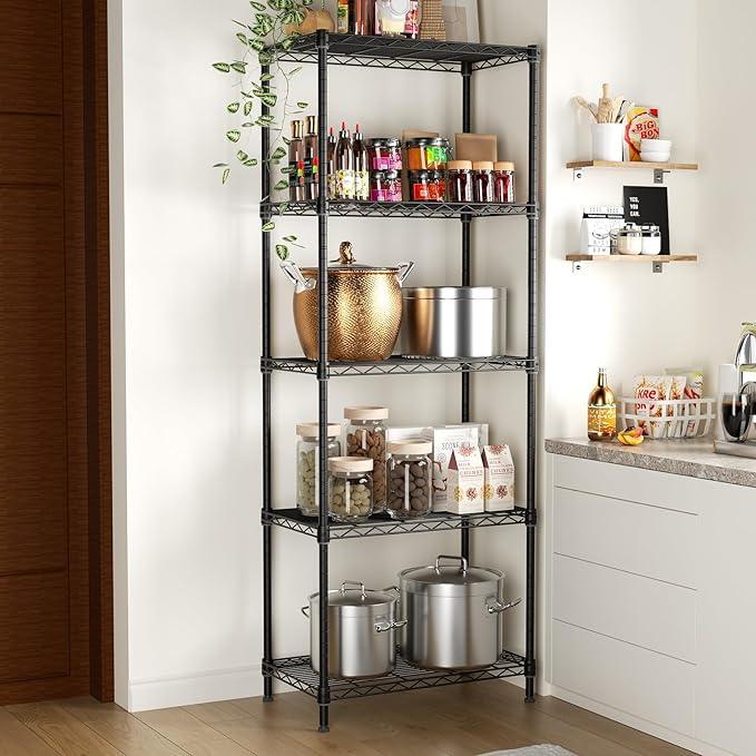 5 Tier Adjustable Storage Shelves Heavy Duty Metal Utility Shelf 750LBS Capacity Wire Shelving Unit Organizer Rack for Home Kitchen Office Bathroom Pantry Room 12" D x 22" W x 59" H Black - ModernBath