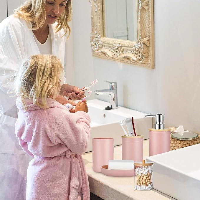 iMucci 9Pcs Pink Bathroom Accessories Set - with Trash Can,Toilet Brush,Toothbrush Holder, Lotion Soap Dispenser, Soap Dish,Toothbrush Cup,Qtip Holder,Tray - ModernBath