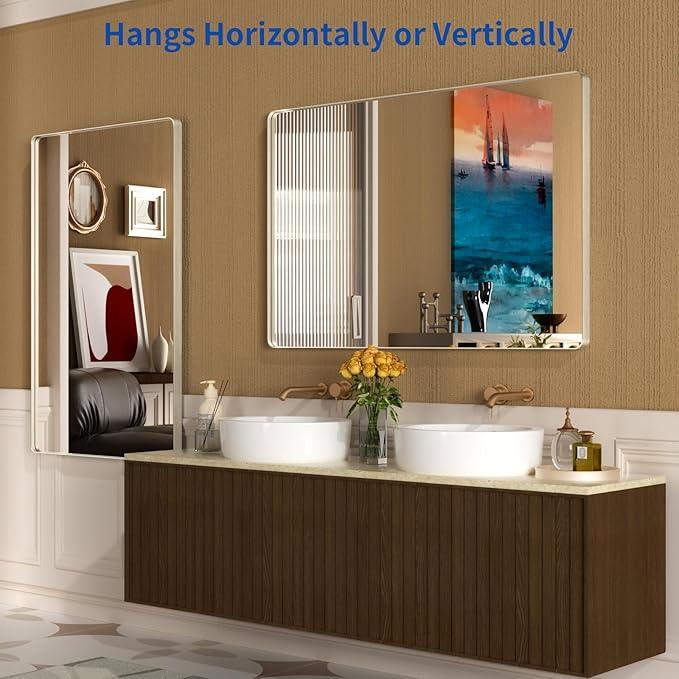 WEER 55X30 Inch Brushed Nickel Bathroom Mirror, Brushed Silver Metal Frame Mirror, Rounded Rectangle Silver Bathroom Vanity Mirror, Tempered Glass, Anti-Rust, Hangs Horizontally or Vertically - ModernBath