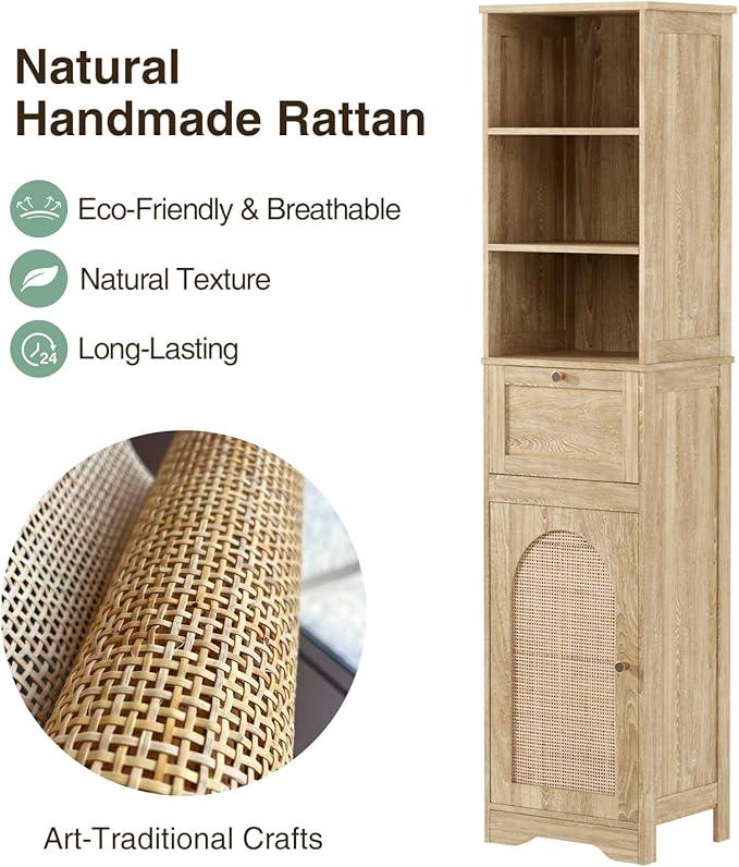 67" H Natural Bathroom Storage Cabinet with Rattan Doors and Slide Storage, Tall Narrow Freestanding Tower Cabinets with Adjustable Shelves for Kitchen, Living Room, Dining Room - ModernBath