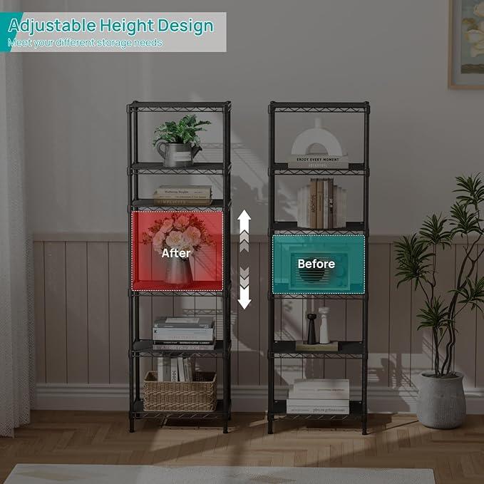 SINGAYE 6 Shelves Bathroom Organizers and Storage Shelf Wire Closet Metal Pantry Kitchen Small Garage Shelving Unit Laundry Room Organization Home Tall Rack Balck 10" D x 16" W x 60”H - ModernBath