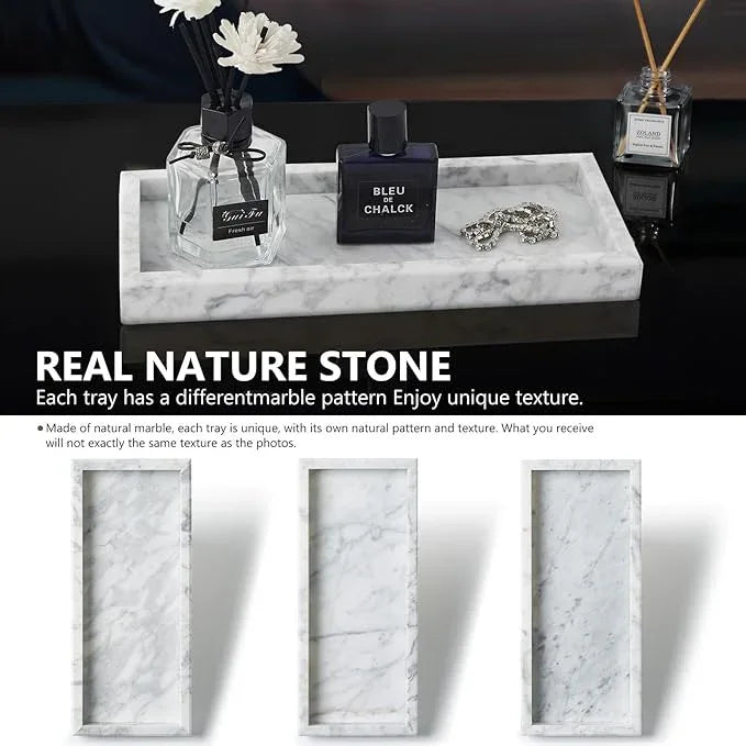 Real Natural Small Marble Tray for Bathroom, Vanity, Kitchen and Desktop, Rectangle Genuine Marble Stone Tray for Jewelry, Cosmetics, Candles, Lotion, Perfume and Home Decor (White, 12" x 5" x 1.2") - ModernBath