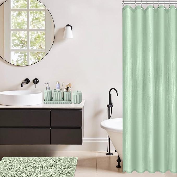 XLHOMO 8-Piece Light Green Bathroom Set - Resin Bathroom Accessories Sets Complete with Shower Curtain and Rugs, Soap Dispenser, Toothbrush Holder, Tumbler & Vanity Organizer - ModernBath
