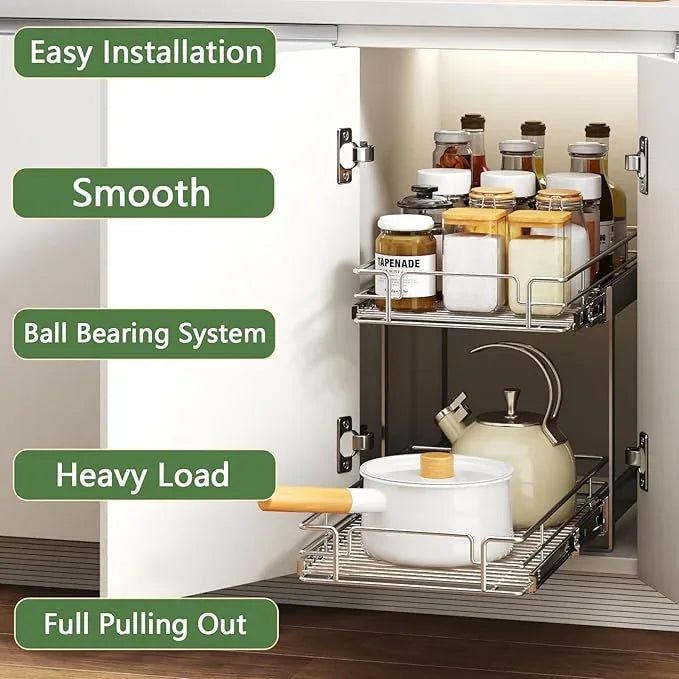 2 Tier Individual Pull Out Cabinet Organizer 12½" W x 21½" D, Heavy Duty Cabinet Pull Out Shelves, Slide Out Drawers Organization for Kitchen Cabinets Bathroom - ModernBath