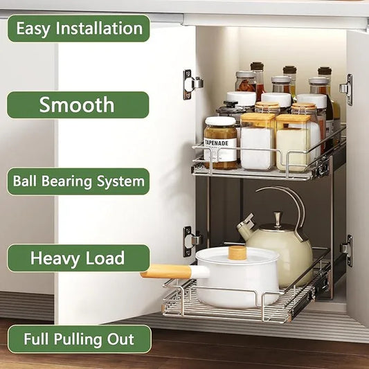 2 Tier Individual Pull Out Cabinet Organizer 10½" W x 18" D, Heavy Duty Cabinet Pull Out Shelves, Slide Out Drawers Organization for Kitchen Cabinets Bathroom - ModernBath