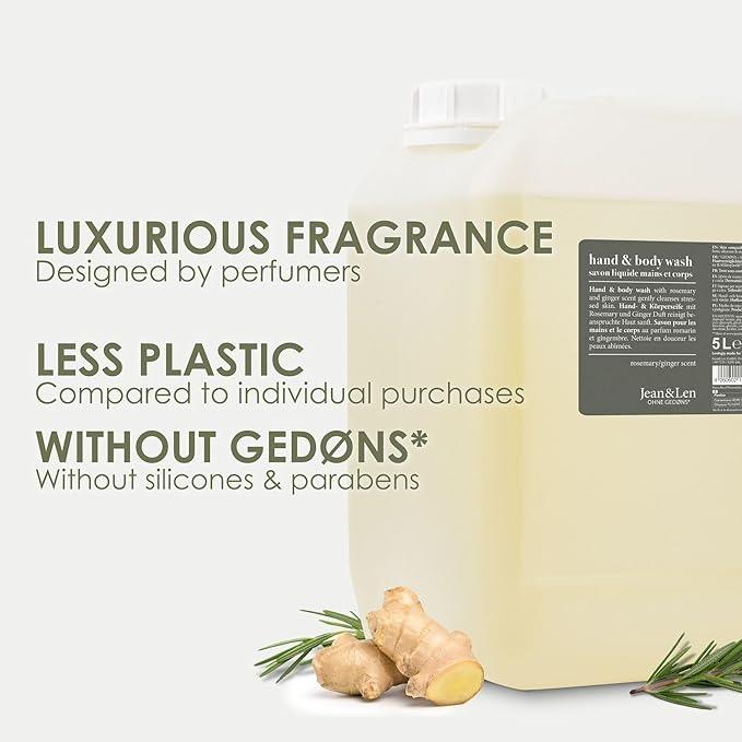 Jean & Len Hand & Body Wash Rosemary and Ginger in canister, cleans and cares for the skin, spicy fresh scent, liquid soap in refill canister, without silicones & parabens, 169.07 Fl. OZ. - ModernBath