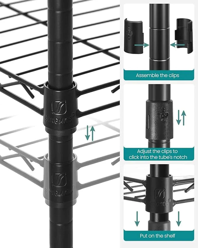 SONGMICS 5-Tier Bathroom Shelf, Storage Rack for Small Space, with 5 PP Shelf Liners, Removable Hook, Extendable Design, Ink Black and Translucent ULGR23BK - ModernBath