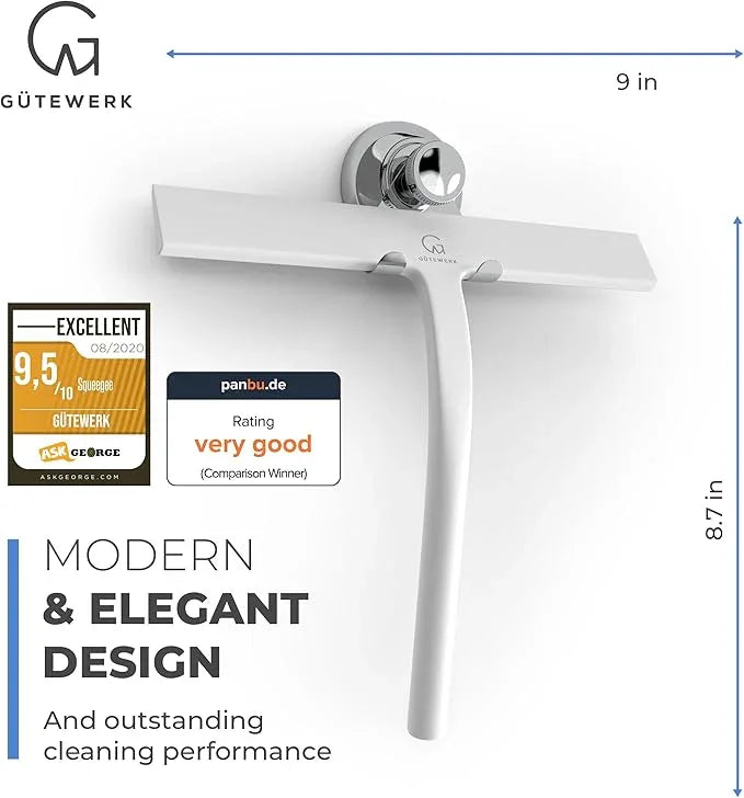GÜTEWERK Shower Squeegee for Glass Doors, Silicone Window Squeegee, Bathroom and Glass Cleaning - White - 9 Inch - ModernBath