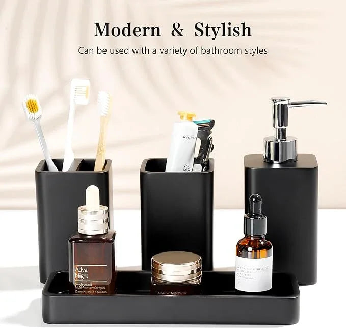 YMXYJM Bathroom Accessories Set, 4 Pcs Bathroom Accessory Set, Soap Dispenser, Toothbrush Holder, Qtip Holder Set, Bathroom Sets Complete, Bathroom Sink Set for Modern Home Decor, Black - ModernBath