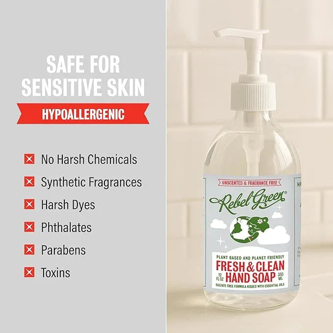 Rebel Green Fresh & Clean Hand Soap - Natural Liquid Hand Soap for Bathroom & Kitchen - Unscented, 12 Fl oz, Pack of 2 - ModernBath