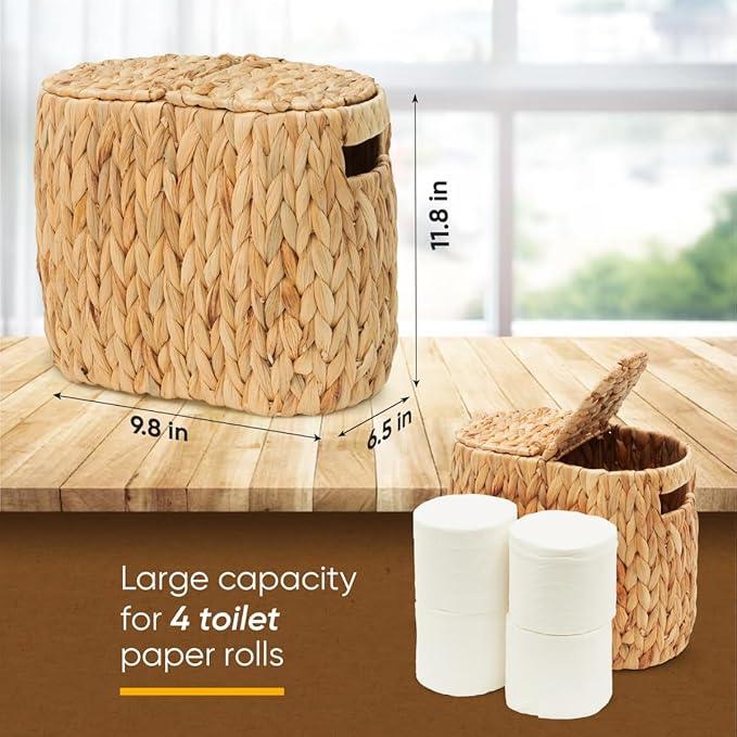 Toilet Paper Basket with Lid, Woven Natural Water Hyacinth Toilet Paper Storage, Papers Container for 4 Mega Rolls, Storage Holder with Built-in Handles, Slim Bathroom Stand Basket Organizer for Decor - ModernBath