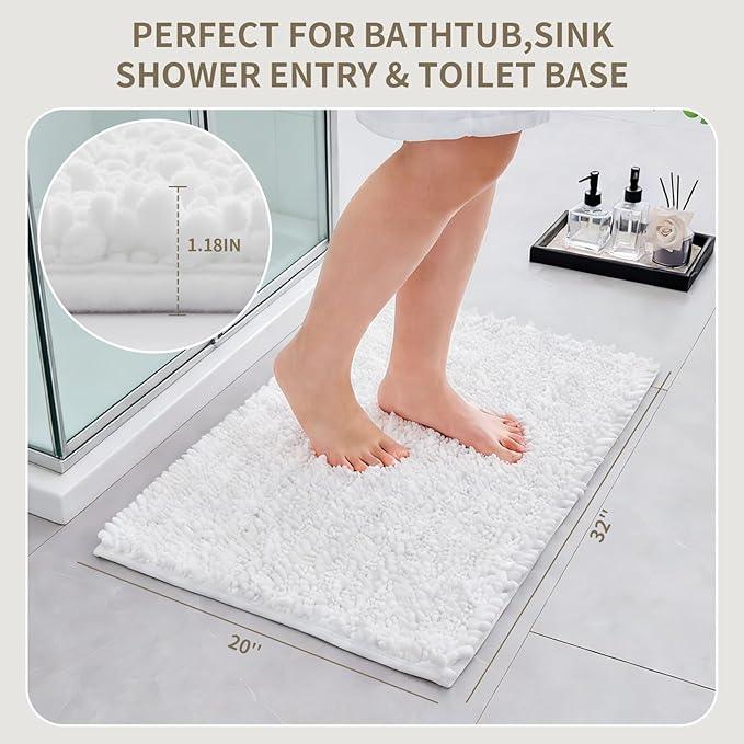 Ruggnovea Chenille Bathroom Rugs Non Slip Washable 32x20, Extra Thick Soft Absorbent Chenille Bath Mat, Non-Slip Barrier Backing, Quick Dry Machine Washable Bath Mats Tub, Shower,Floor/Sink,White - ModernBath