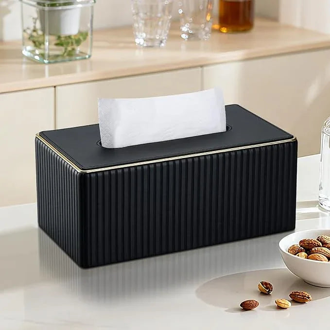 KINGFOM Rectangular Tissue Box Cover, PU Leather Tissue Box Holder with Magnetic Bottom, Napkin & Facial Tissue Holder Dispenser Decorative Box Cover for 120-count (3-Ply) 160-count (2-Ply) Black - ModernBath