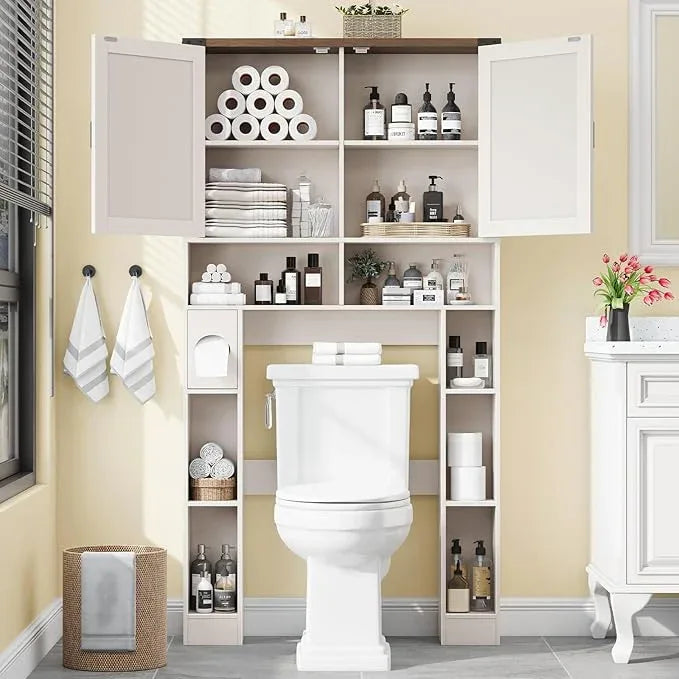 Over The Toilet Storage Cabinet, Farmhouse Storage Cabinet Over Toilet with 2 Barn Doors ，Toilet Paper Holder Stand，Home Space-Saving Toilet Rack, for Laundry, Restroom, Bathroom - ModernBath