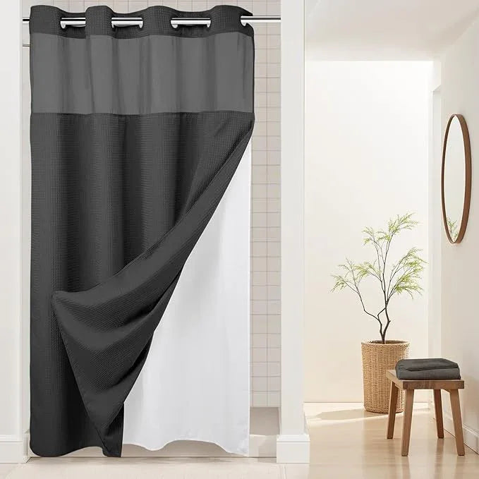 River Dream Heavyweight No Hooks Required Dotted Waffle Weave Shower Curtain with Snap in Liner -Stall 54W x 80H,Hotel Grade,Spa Like Bath Curtain,Graphite Grey - ModernBath