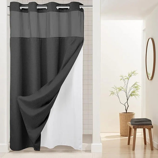 River Dream Heavyweight No Hooks Required Dotted Waffle Weave Shower Curtain with Snap in Liner -Stall 54W x 80H,Hotel Grade,Spa Like Bath Curtain,Graphite Grey - ModernBath