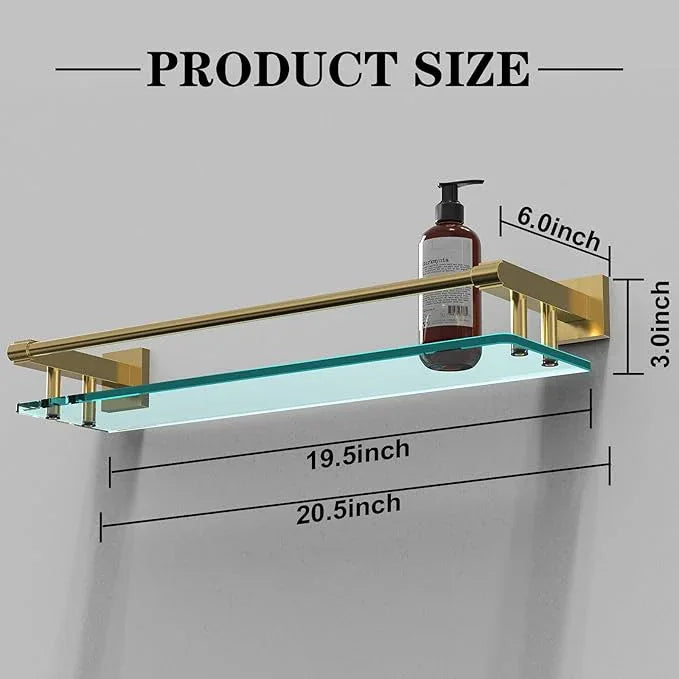 Glass Shelf for Bathroom, 20 Inch Tempered Glass with Brushed Gold Stainless Steel Railing, Floating Glass Shelves Sink Over Toilet Modern Bathroom - ModernBath