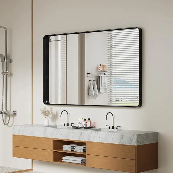Koonmi Black Wall Mirror for Bathroom, 36x60 Inch Matte Deep Framed Rounded Rectangle Vanity Mirror for Farmhouse Living Room, Tempered Glass, Anti-Rust, Vertically or Horizontally - ModernBath