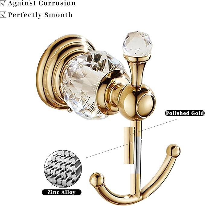 Crystal Gold Towel Hook, Gold Bathroom Robe Hook, Coat Rack Hanger Heavy Sturdy Double Towel Hooks Bath Farmhouse Clothes Hook Wall Mounted Modern for Bathroom Kitchen Washroom - ModernBath